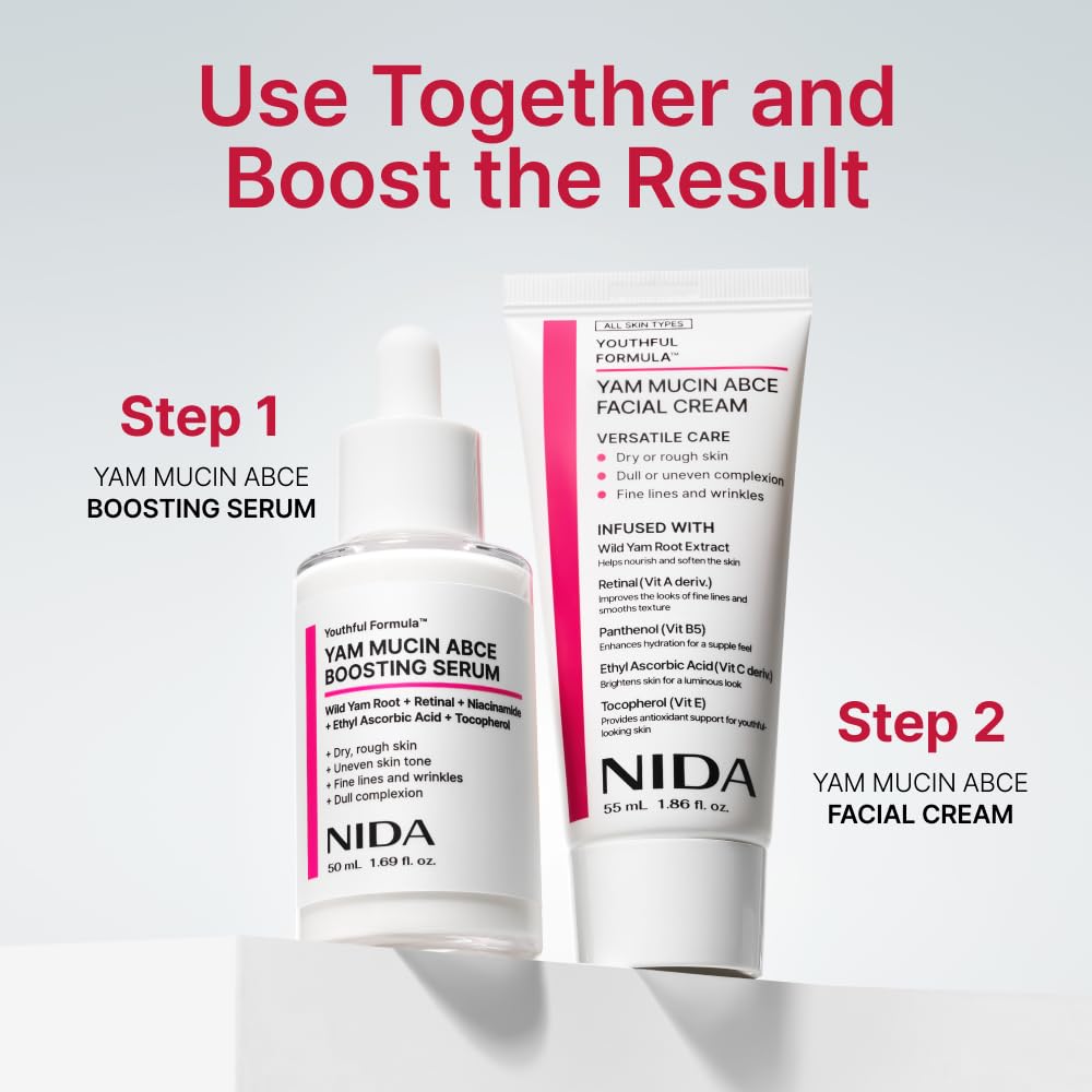 NIDA Youthful Formula™ Yam Mucin ABCE Facial Cream | Wild Yam Root Extract, Retinal, Panthenol, Ethyl Ascorbic Acid, Tocopherol | Hydration, Wrinkles, Dry Skin | 1.86 fl. oz., 55ml