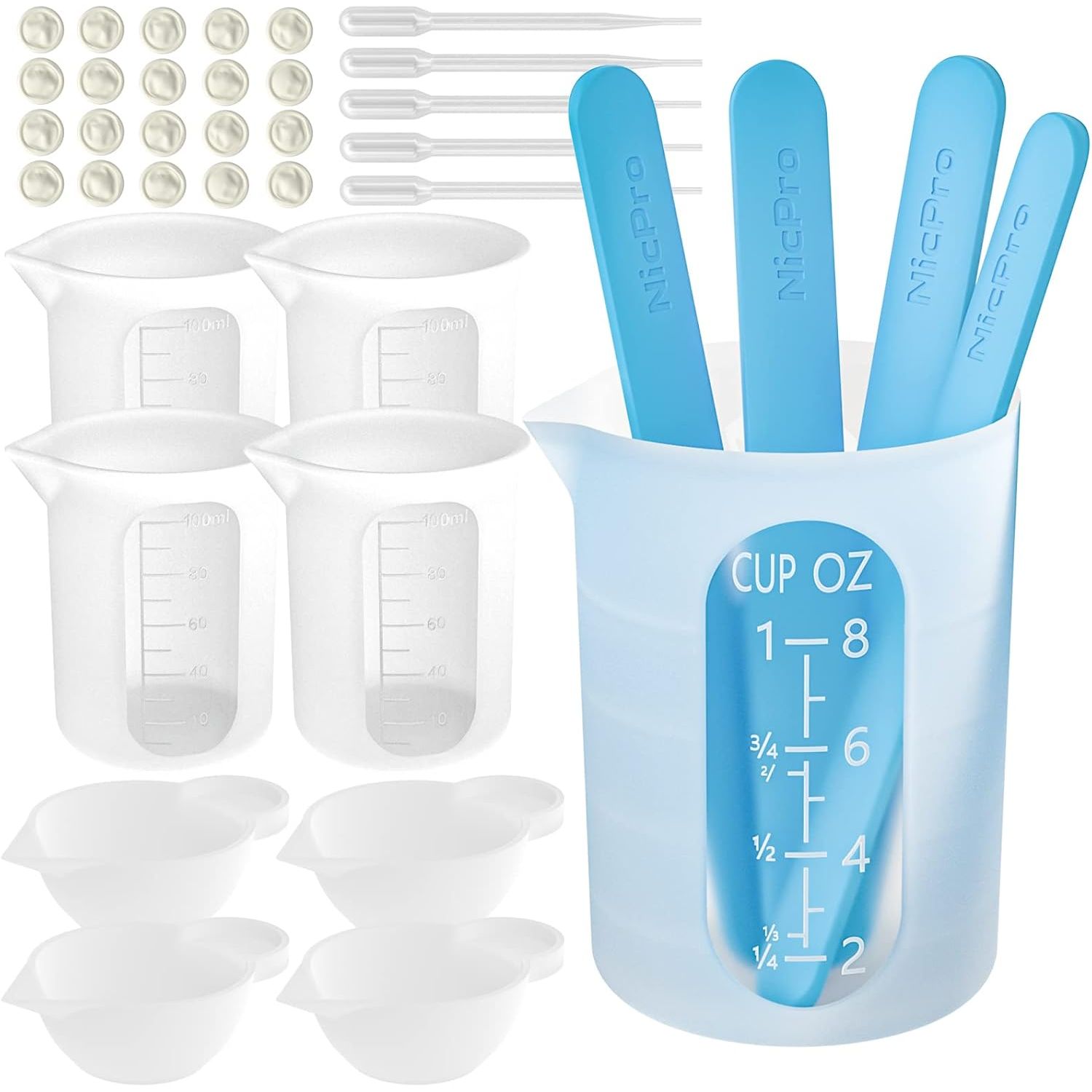 Buy now Silicone Resin Measuring Cups Tool Kit- Nicpro 250 & 100 ml Measure Cups, Silicone Popsicle Stir Sticks, Pipettes, Finger Cots for Epoxy Resin Mixing, Molds, Jewelry Making, Waxing, Easy Clean 250ml+100ml White at indiglob india