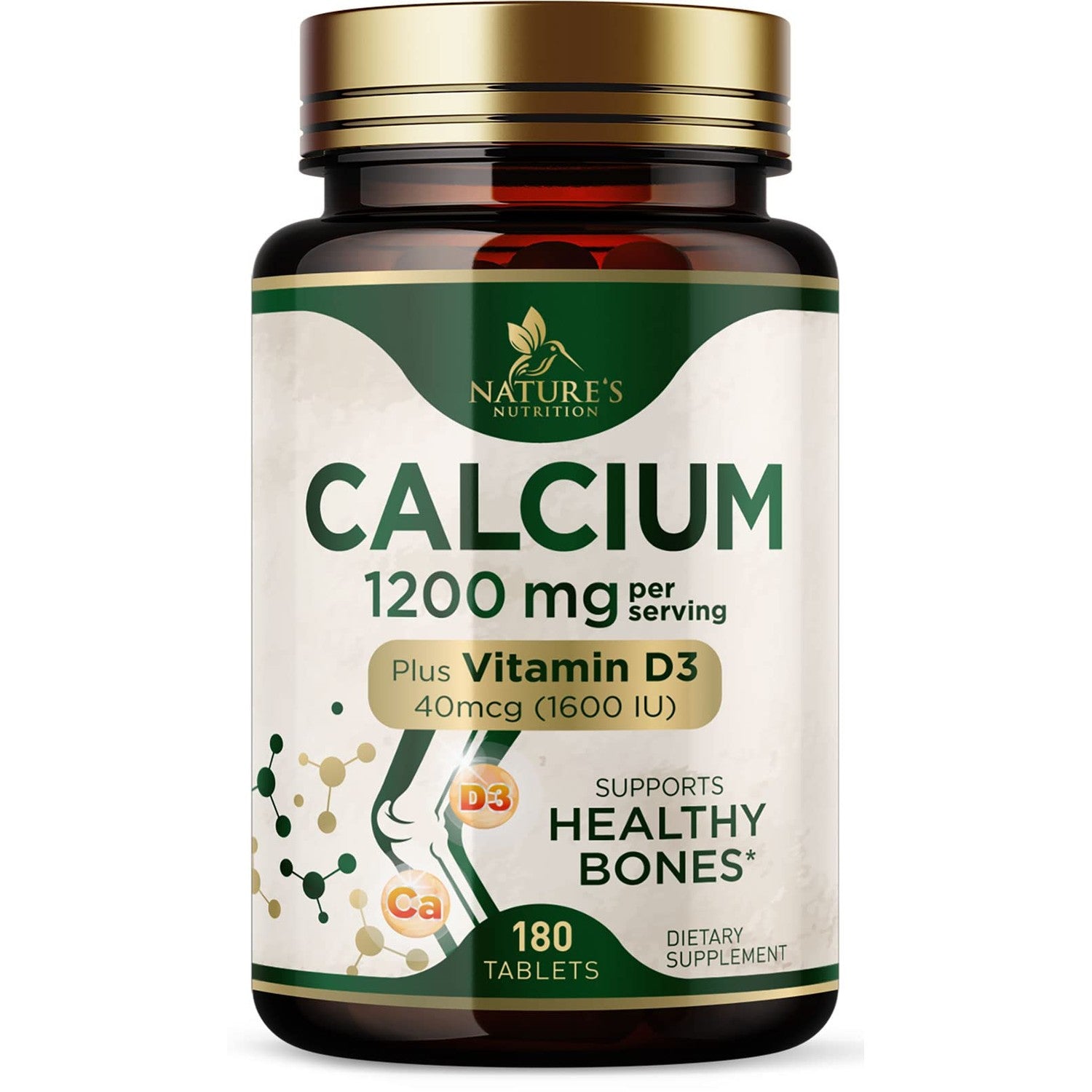 Calcium 1200 mg with Vitamin D3 - Bone Health Supplement, Vitamin D & Calcium Supplements for Women & Men - Bone Strength, Teeth & Immune Support, Nature's Calcium Pills, Bottled in USA - 180 Tablets