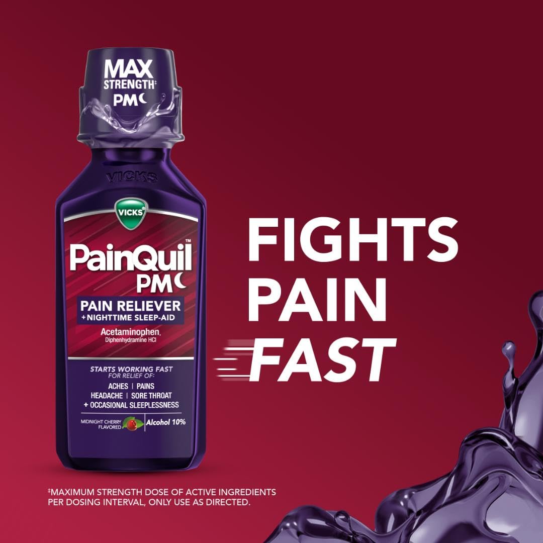 Buy now Vicks PainQuil Pain Relief Acetaminophen 1000mg Max Strength Adult Pain Reliever Liquid 12oz, Backache Headache Relief, 1 Nighttime Pain Reliever + Sleep Aid at indiglob india