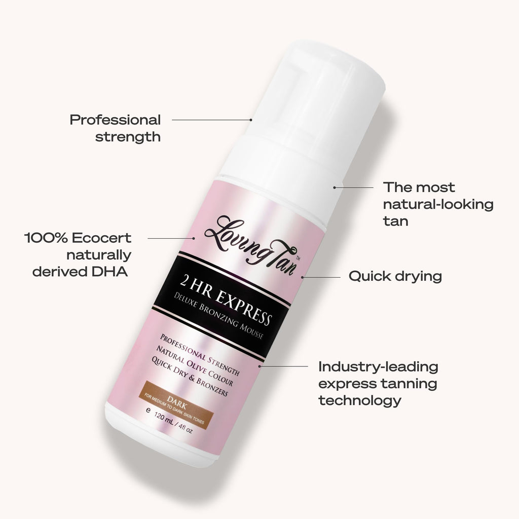 Loving Tan 2 HR Express Self Tanning Mousse, Dark - Streak Free, Natural, Professional Quality - 5+ Sunless Self Tanner Applications per Bottle, Cruelty Free, Naturally Derived DHA - 4 FL Oz