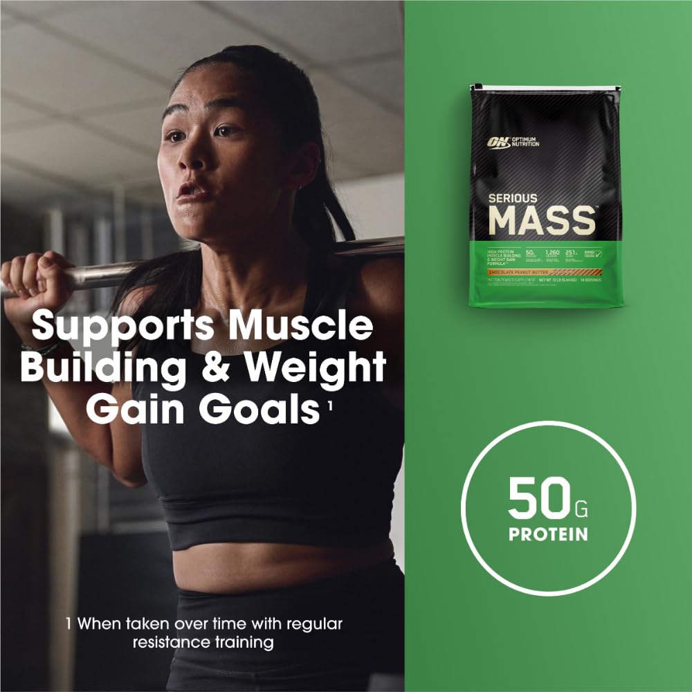 Buy now Optimum Nutrition Serious Mass, Weight Gainer Protein Powder, Mass Gainer, Vitamin C and Zinc for Immune Support, Creatine, Chocolate Peanut Butter, 12 Pound (Packaging May Vary) at indiglob india