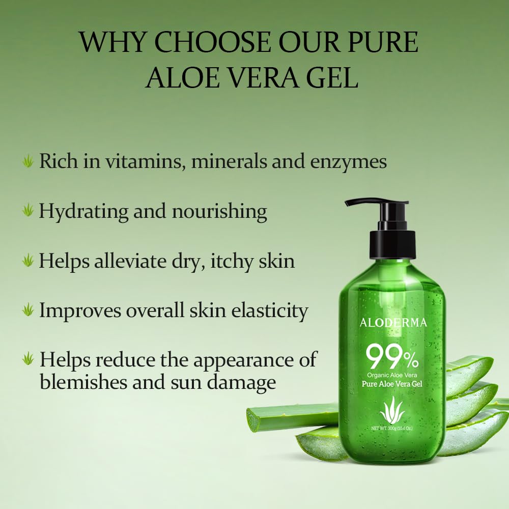 Aloderma Aloe Vera Gel Made within 12 Hours of Harvest with 99% Pure Organic Aloe Vera - Pump Bottle - Ideal for Face and Body, Soothing & Hydrating Sunburn Relief, Great for Scalp & Hair - 10.6oz