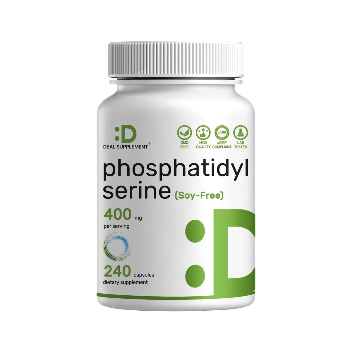 Phosphatidylserine Supplement, 400mg Serving, 240 Capsules – Soy Free Sunflower Lecithin Source
