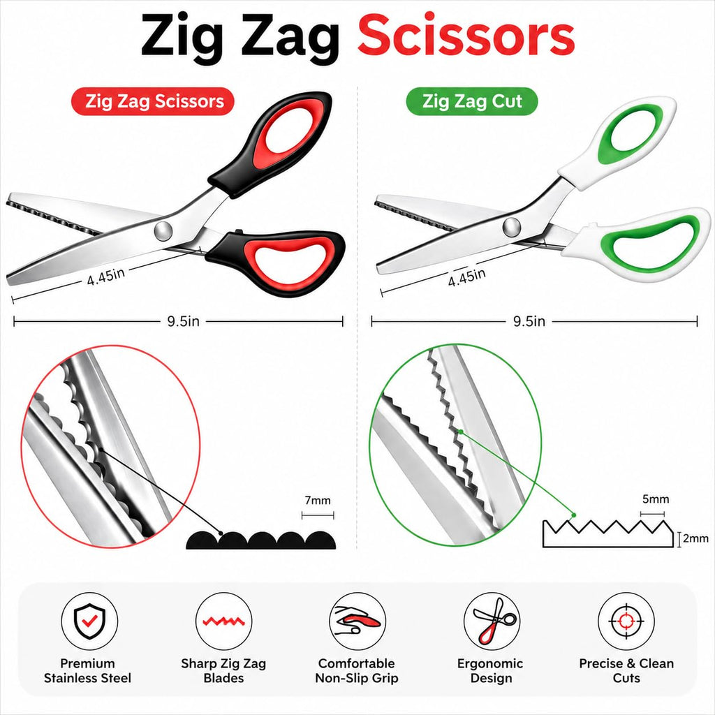 Pinking Shears Set 2 Pack, Scalloped and Zig Zag Fabric Scissors, 9.5 Inch
