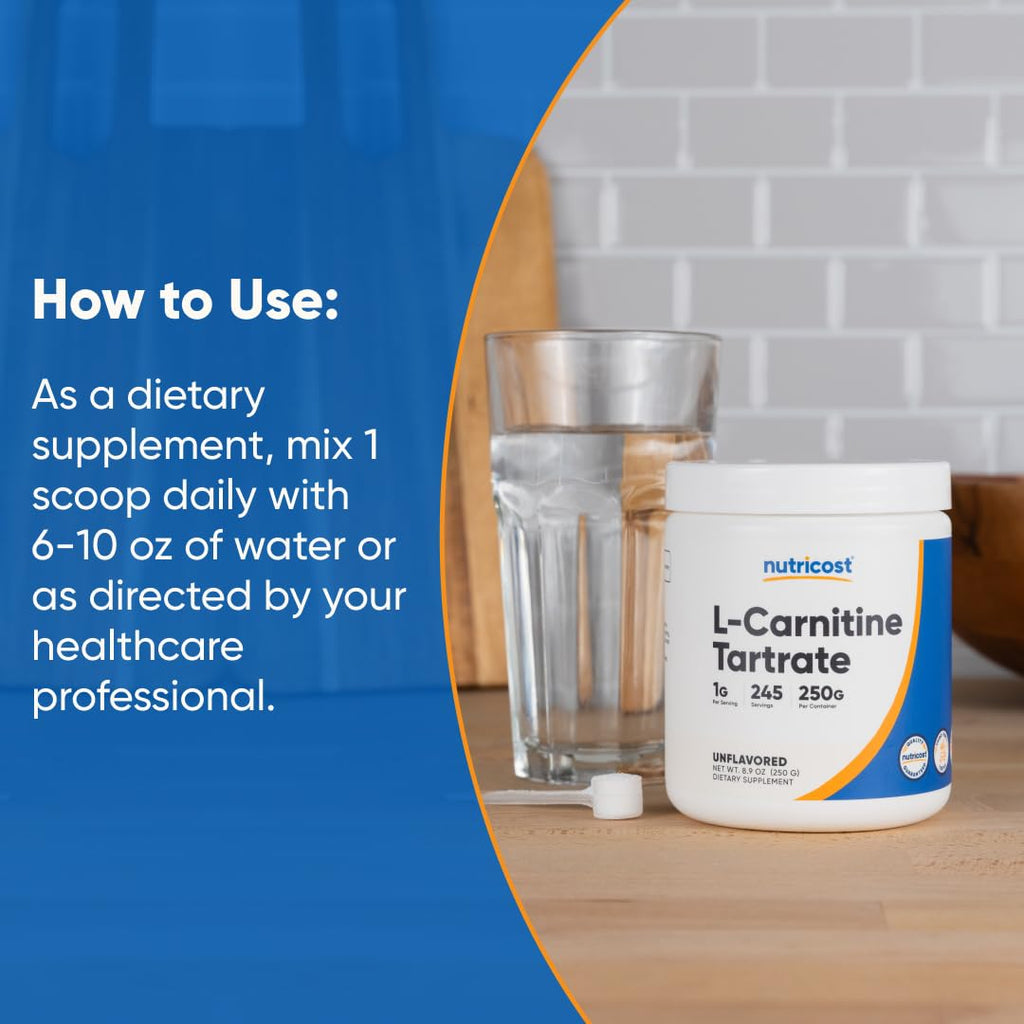 Nutricost L-Carnitine Tartrate Powder (250 Grams) 250 Servings | 1 Gram Per Serving