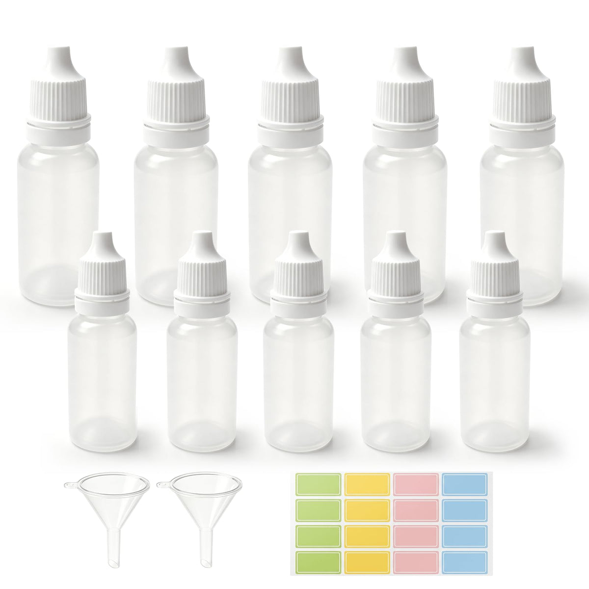 10PCS Small Plastic Dropper Bottles + 2 Funnel + 1 Sticker, 10ml（0.33oz）/15ml（0.5oz） Eye Liquid Dropper Bottles Five of Each, Squeezable Travel Bottle, Ideal for DIY Projects, Essential Oils