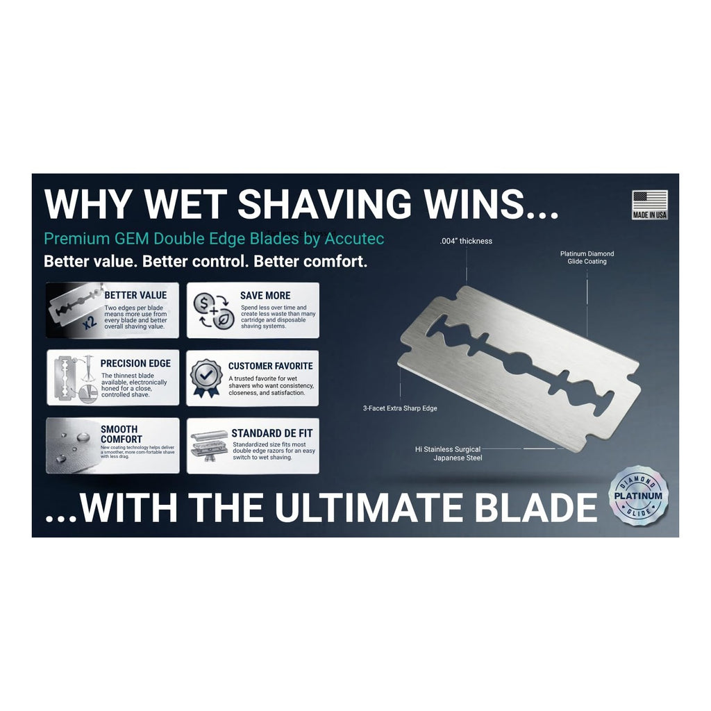Personna GEM Platinum Diamond Glide Double Edge Razor Blades, 100 Count, Surgical-Grade Stainless Steel Safety Razor Blades for Smooth Wet Shaving