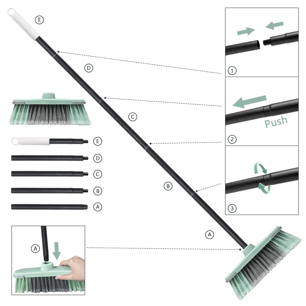 Indoor Broom Soft Bristle Brooms - Brooms for Sweeping Indoor Pet Hair, House Broom for Cleaning Hardwood, Tile, and Decking Surfaces Across.（Green）