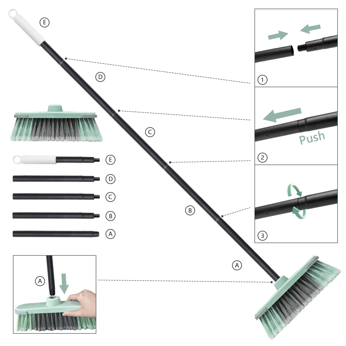 Indoor Broom Soft Bristle Brooms - Brooms for Sweeping Indoor Pet Hair, House Broom for Cleaning Hardwood, Tile, and Decking Surfaces Across.（Green）