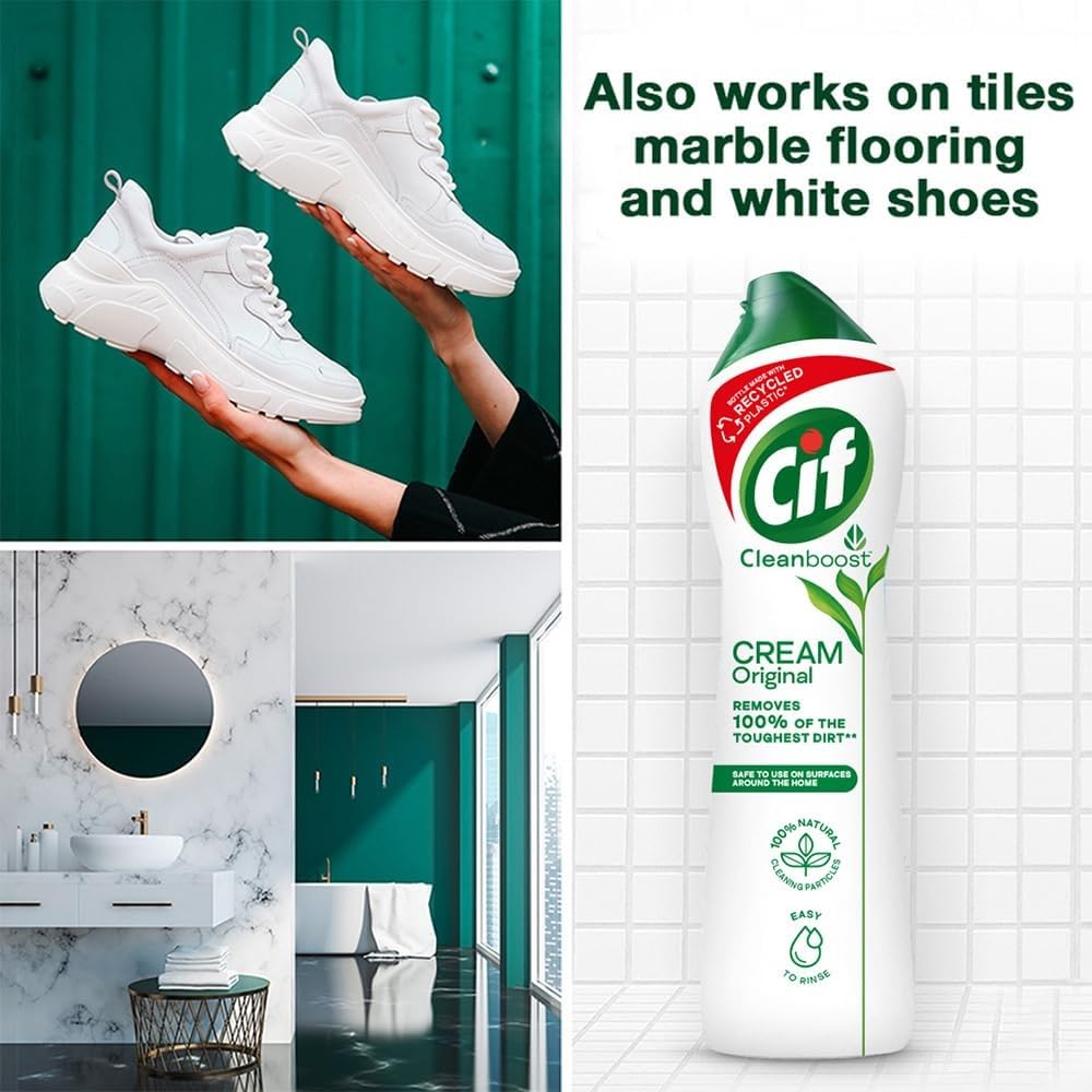 Cif Original Multipurpose Surface Cleaner Cream for Kitchen & Bathroom, Ocean Breeze Scent, 100% Dirt Removal with Natural Cleaning Particles, 2x500ml