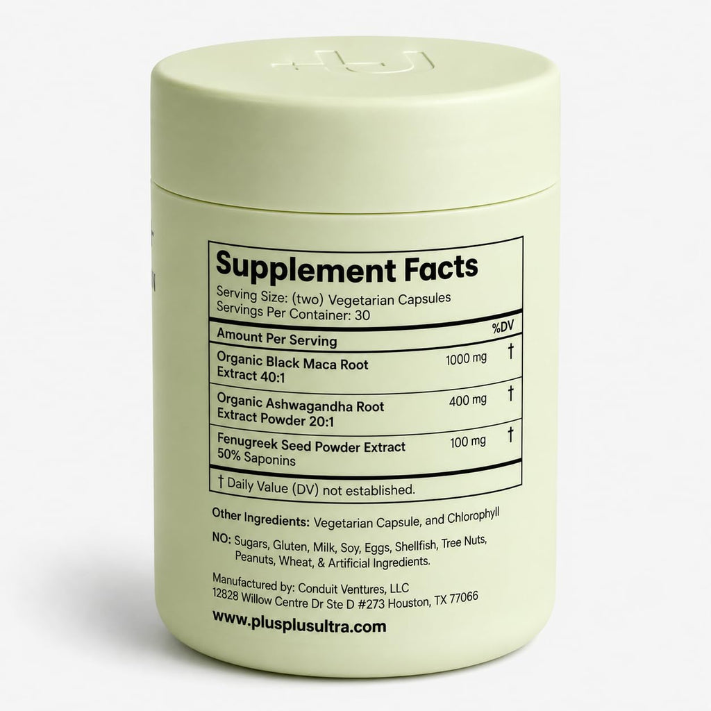 Organic Black Maca Root, 40:1 Extract, Ashwagandha & Fenugreek, 60ct | Energy, Stamina, Mood & Healthy Testosterone Support: Peruvian 3-in-1 Adaptogen Formula