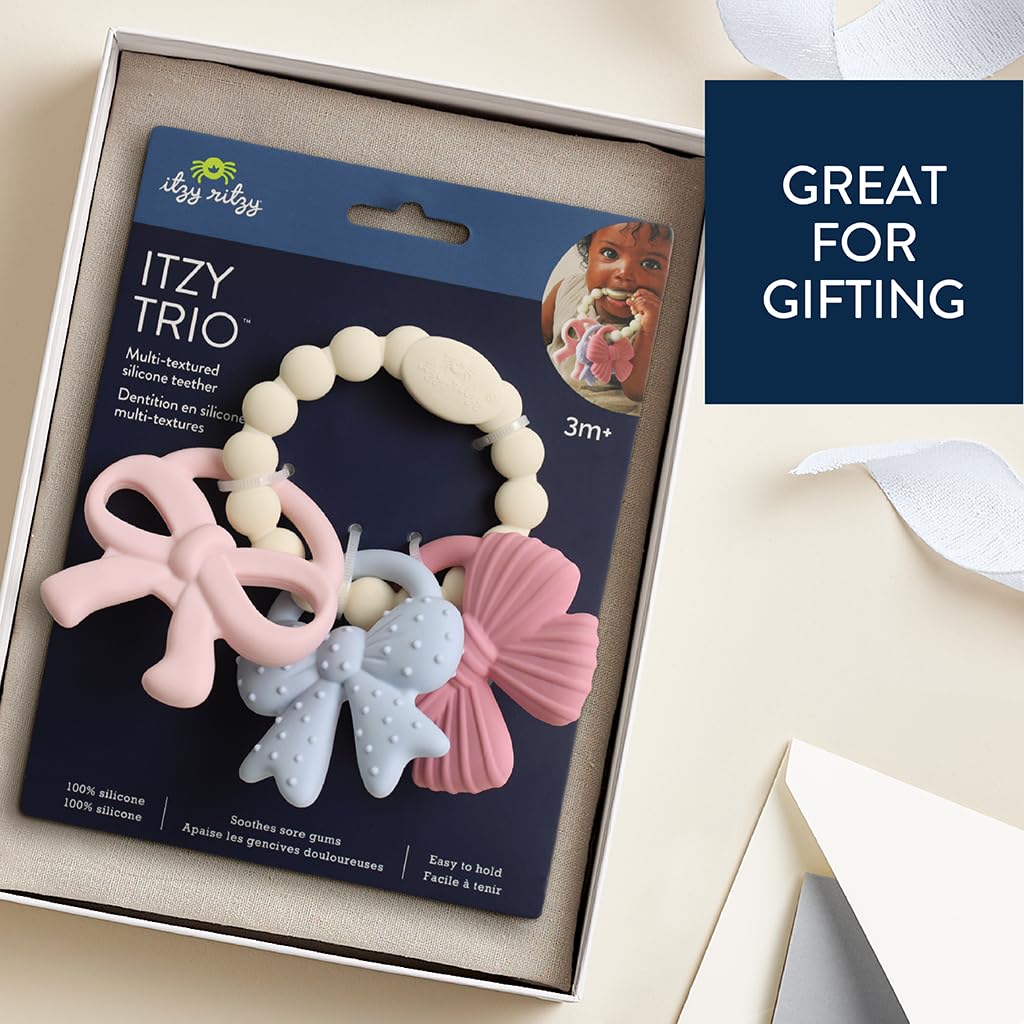 Itzy Ritzy Silicone Teether Trio, Textured Baby Teething Toys Rings (Bows)