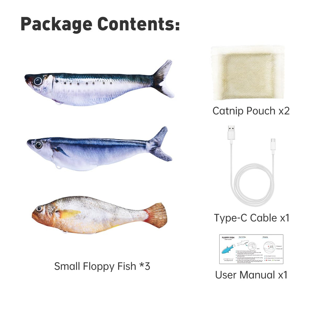 Petgravity Bite-Sized Realistic Flopping Fish Cat Toys, 3 Pack, Interactive Cat Toys for All Breeds, Tap-Activated 3 Flapping Mode, Sardine/Saury/Yellow Croaker, 7.1 Inches, with Catnip, Rechargeable