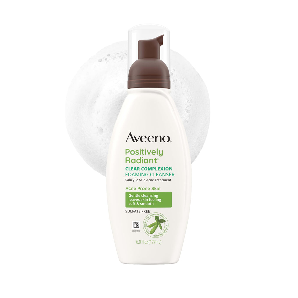 Aveeno Positively Radiant Clear Complexion Foaming Face Cleanser, 6 fl. oz | Facial Cleanser with Soy Extract & 0.5% Salicylic Acid, Acne Treatment Face Wash, Oil-Free, Hypoallergenic, No Added Sulfates