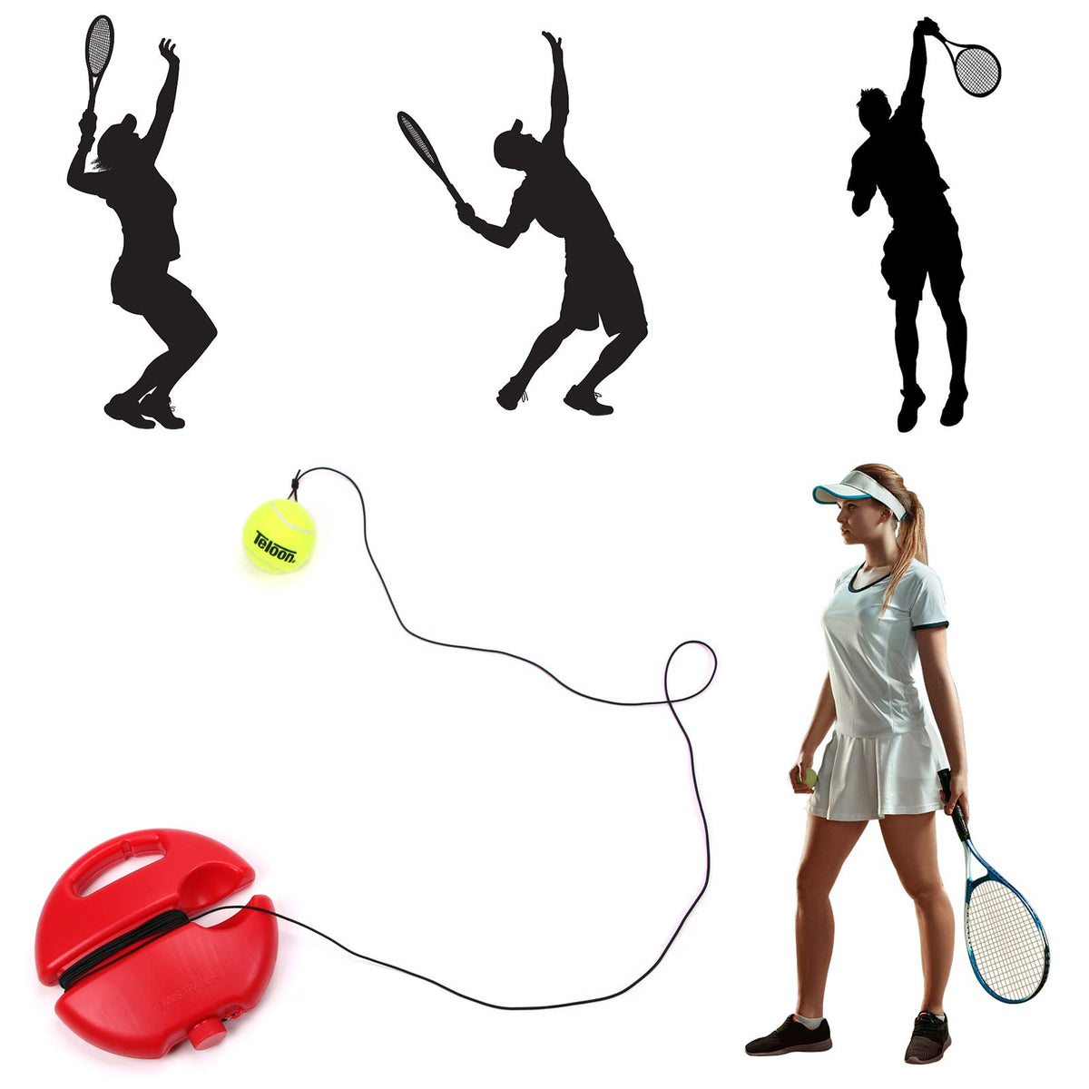 Teloon Solo Tennis Trainer Rebound Ball with String for Self Tennis Practice Training Tool for Adults or Kids Beginners with 2 String Balls Elastic and a Portable Mesh Bag