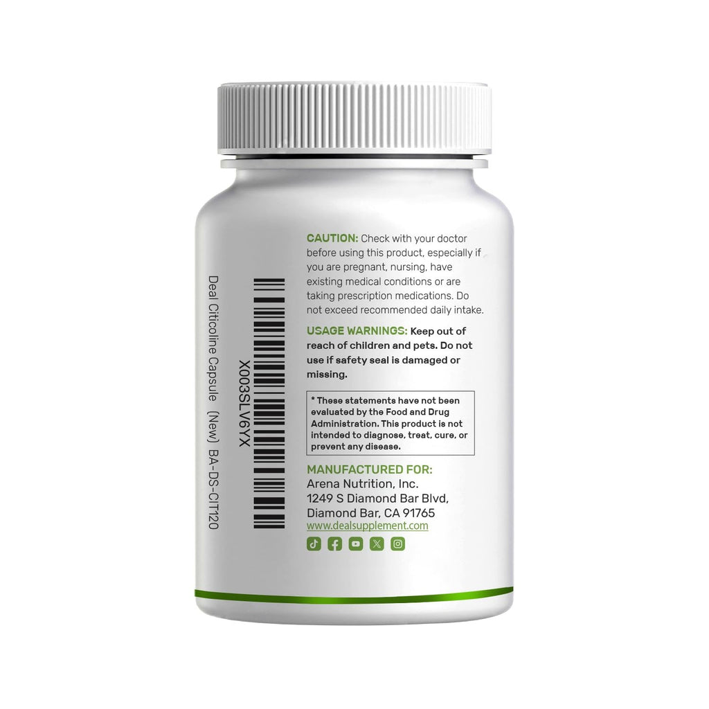 Citicoline CDP Choline, 1,000mg Per Serving, 120 Capsules – Extra Strength Choline Supplements – Nootropic B Vitamin Properties – Promotes Brain Health, Memory, & Focus – Non-GMO