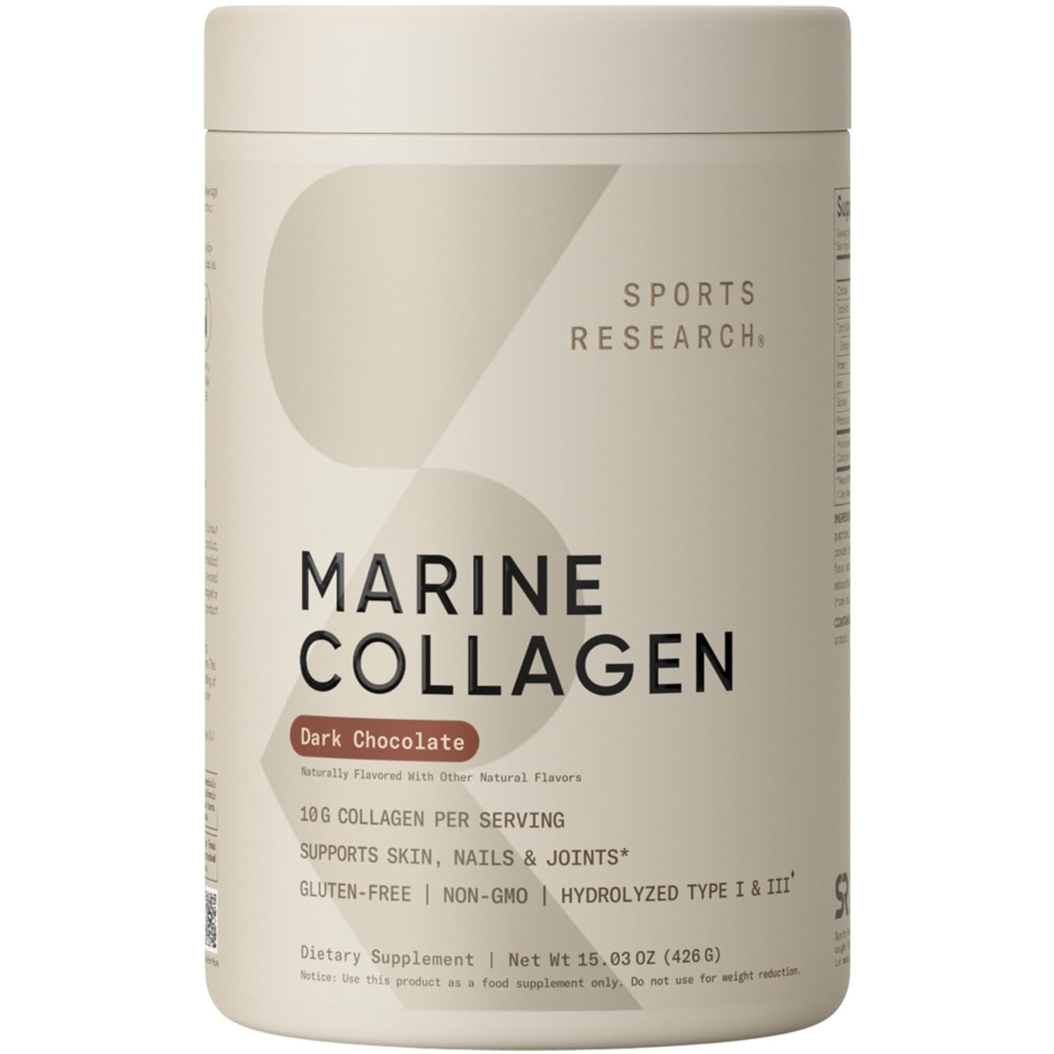 Sports Research® Marine Collagen Peptides Dark Chocolate (15oz) | 10g Wild Caught Marine Collagen per Serving | Protein Powder w/ Vital Amino Acids for Hair, Skin, & Joint Support