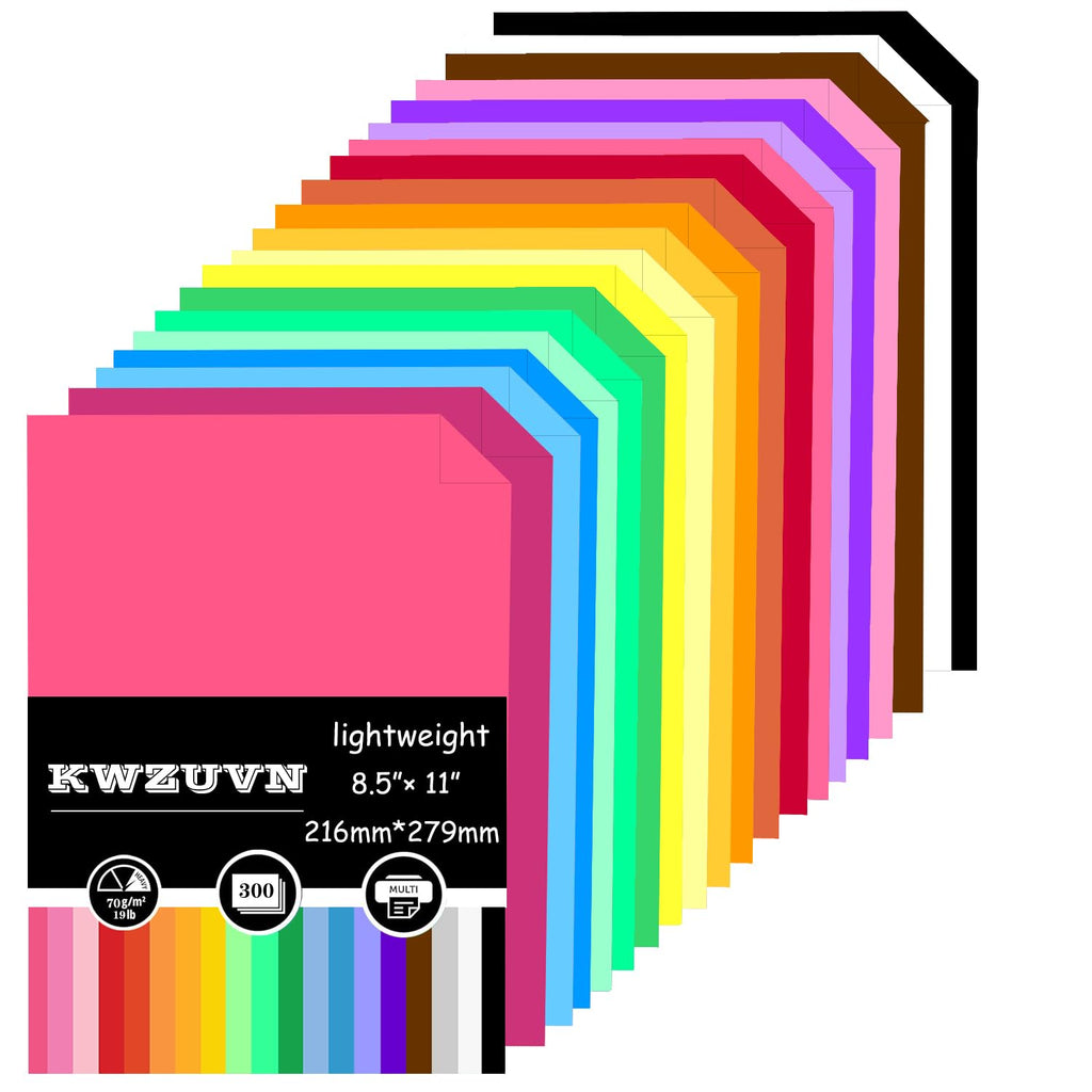 300 Sheets Colored Paper, 8.5 X 11 Colored Printer Paper Lightweight Construction Paper Double Sided Origami Paper for Crafts & Art, 20 Assorted Colors ( 70gsm/19lb)