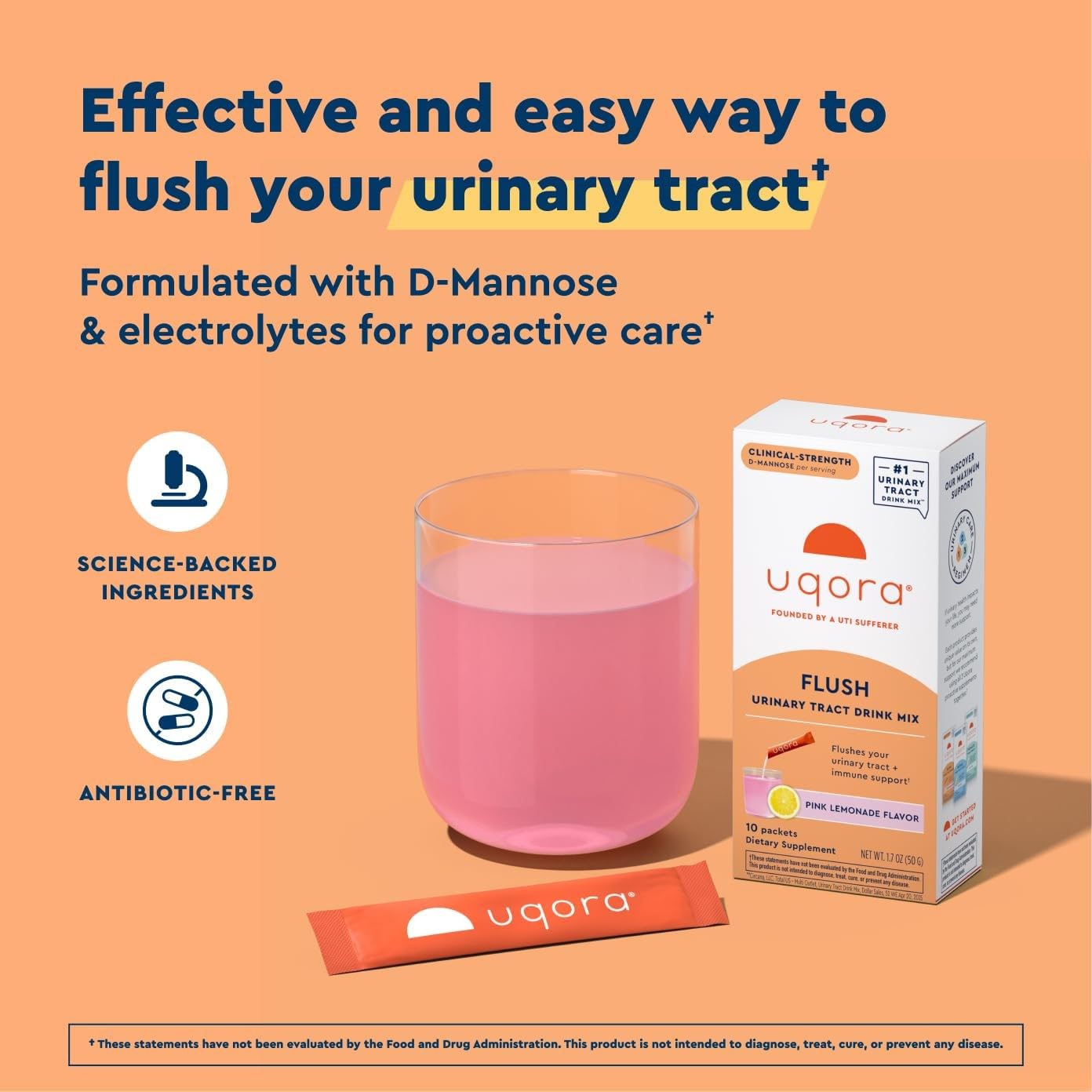 Uqora Flush, Urinary Tract Support, Pink Lemonade, 10 Packets | Urinary Tract Support* with D-Mannose, Vitamin C, B6, Potassium, Magnesium, and Calcium, Gluten-Free and Vegan