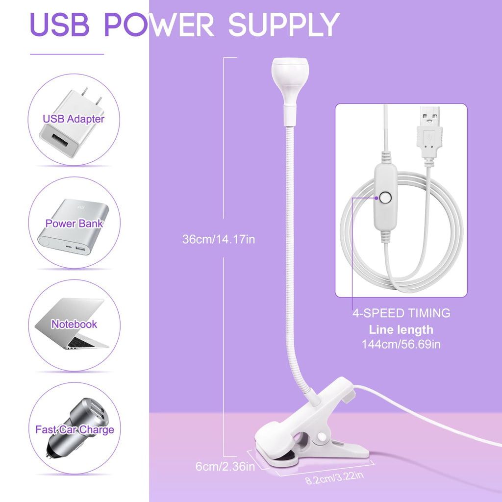 UV Nail Lamp - UV Light for Gel Nails, Flash Cure Lamp | LED Gooseneck Flash Cure Lamp for Nails, Manicure Dryer Black Light with Clamp, 365+395nm 5V 3W 4 Levels Dimming White
