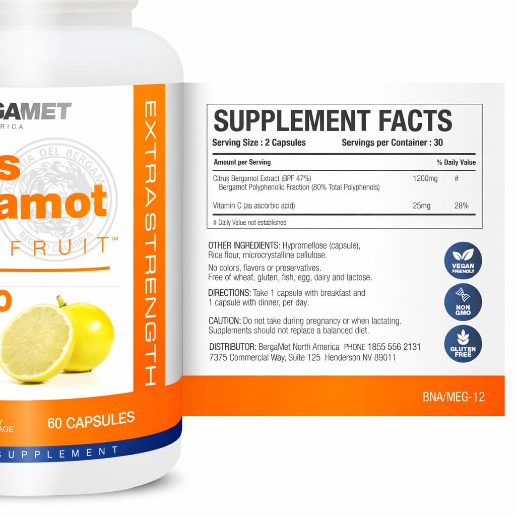 Citrus Bergamot Supplement, 170:1 Extract, 1200mg, 80% Polyphenols, Italian Citrus Bergamot Supplement, 60 Capsules, 1 Month, Made in the USA