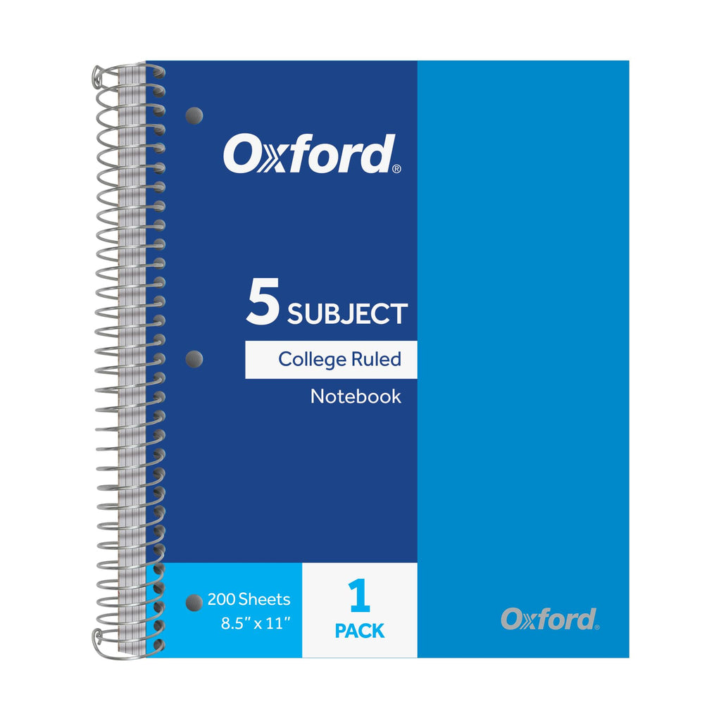 Oxford 5 Subject Spiral Notebook, Notebooks for School, Plastic Covers, Back to School Supplies, College Ruled, 200 Sheets, 1 Pack, Bright Blue (1009294)