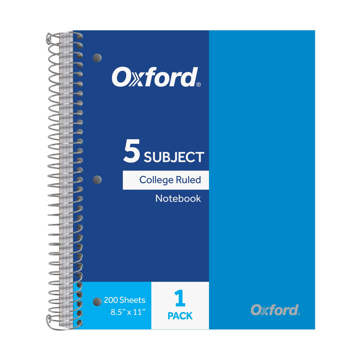 Oxford 5 Subject Spiral Notebook, Notebooks for School, Plastic Covers, Back to School Supplies, College Ruled, 200 Sheets, 1 Pack, Bright Blue (1009294)