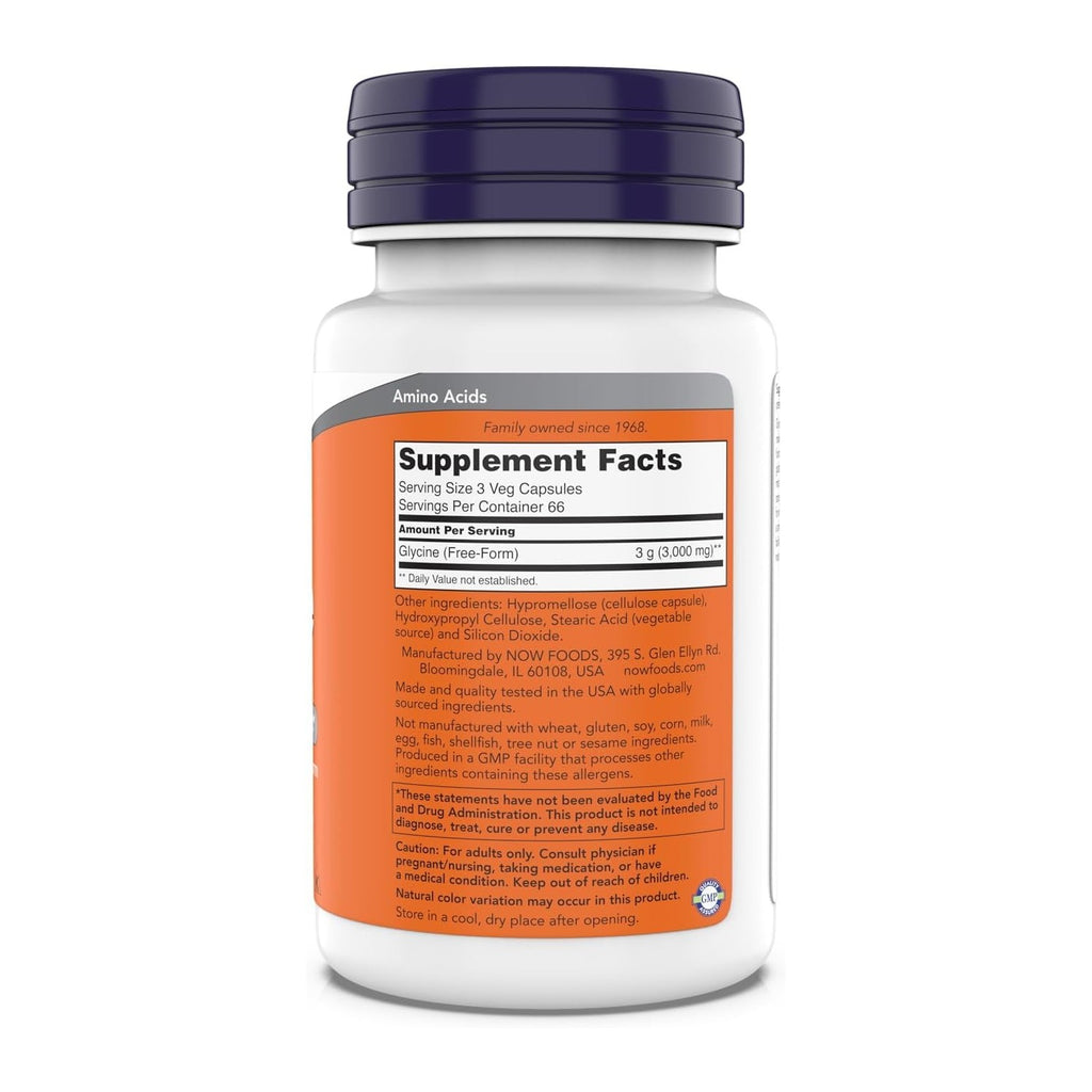NOW Foods Glycine 1000mg, Free-Form Pharmaceutical Grade, Neurotransmitter Support*, Promotes restful Sleep*, Gluten Free, Vegan, Kosher 200 Vegetarian Capsules (Pack of 2)