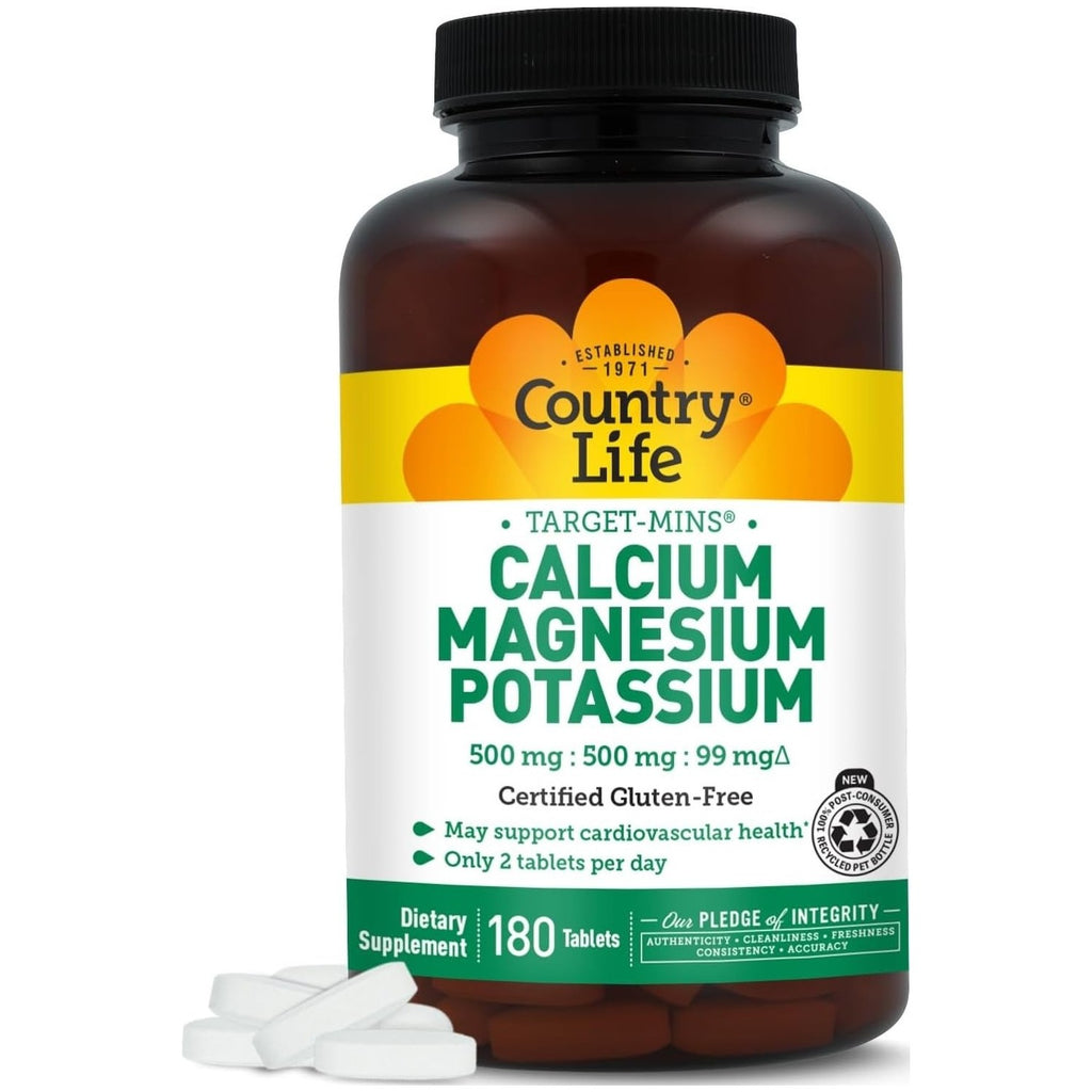Country Life Target-Mins Calcium Magnesium Potassium, 180 Tablets | 500 mg calcium, 500 mg magnesium and 99 mg potassium per 2-tablet serving; certified gluten-free