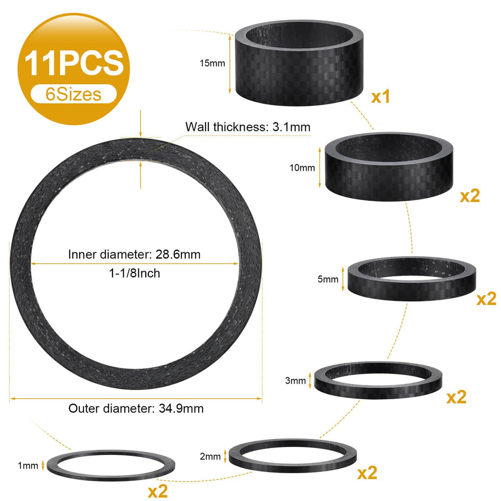 11PCS Bike Carbon Fiber Headset Spacers, Matte Finish, Fits 1-1/8 Inch Stem for MTB, Road Bicycle Handlebar Stems, (15/10/5/3/2/1mm) 6 Sizes