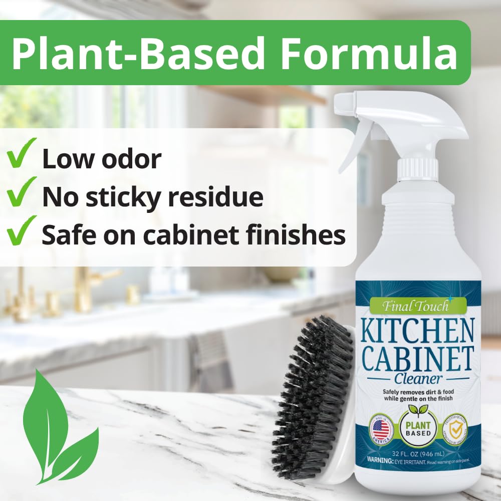 Kitchen Cabinet Cleaner and Degreaser - Plant Based Grease Remover for Wood, Painted and White Cabinets - Cleans, Restores, Protects Finishes, Streak Free, 32oz with Scrub Brush by Final Touch