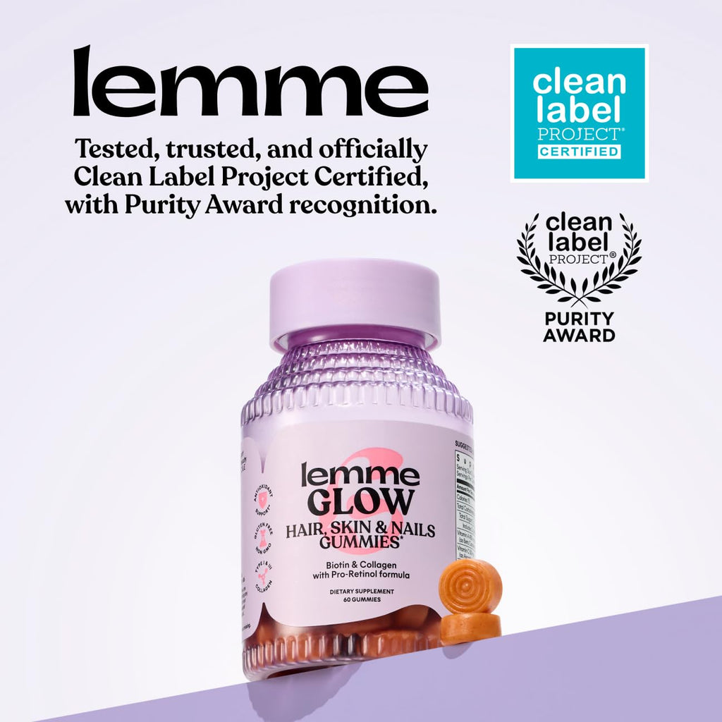 Lemme Glow Collagen Gummies for Strong Nails & Healthy Skin, 30-Day Supply | Strong hair & nails, Healthy Skin, Peptides, Biotin, Trace Minerals, Zinc, Vitamins A, C & E, Dairy & Gluten Free