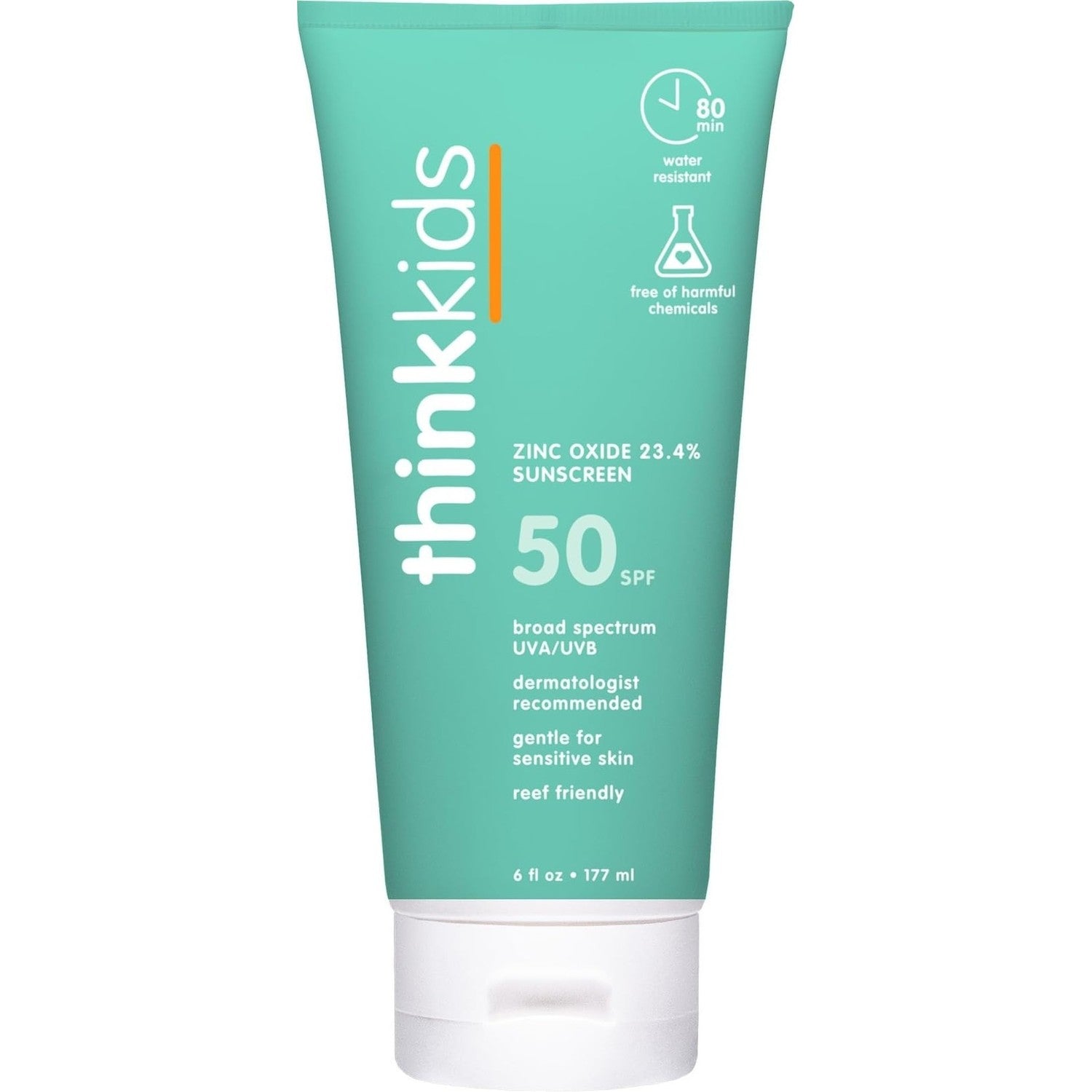 Thinkkids Kids Sunscreen SPF 50+, Mineral Formula, Water Resistant, 6 Fl Oz