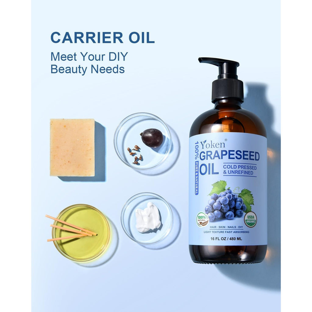 Yoken Organic Grapeseed Oil 16 oz Glass Bottle, Cold Pressed Carrier Oil
