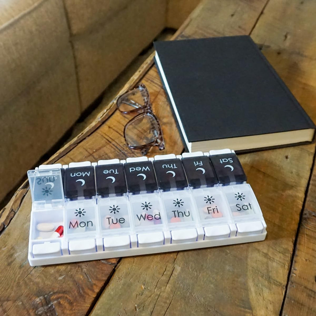 Buy now EZY DOSE Push Button (7-Day) Pill Case, Medicine Planner, Vitamin Organizer, 2 Times a Day AM/PM, Removable Trays, Large Compartments, Arthritis Friendly, Spring Open Black and White Lids, BPA Free at indiglob india