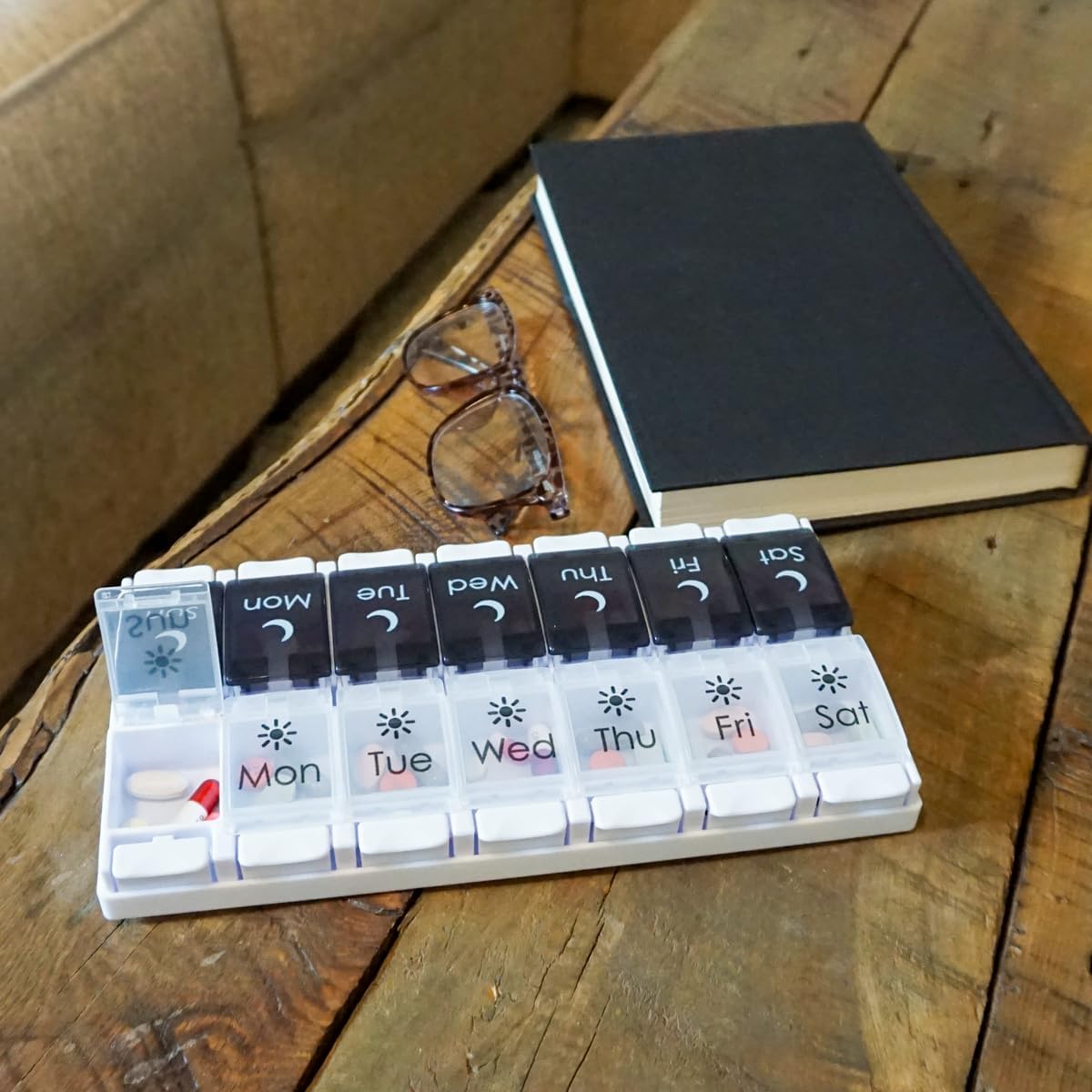 Buy now EZY DOSE Push Button (7-Day) Pill Case, Medicine Planner, Vitamin Organizer, 2 Times a Day AM/PM, Removable Trays, Large Compartments, Arthritis Friendly, Spring Open Black and White Lids, BPA Free at indiglob india