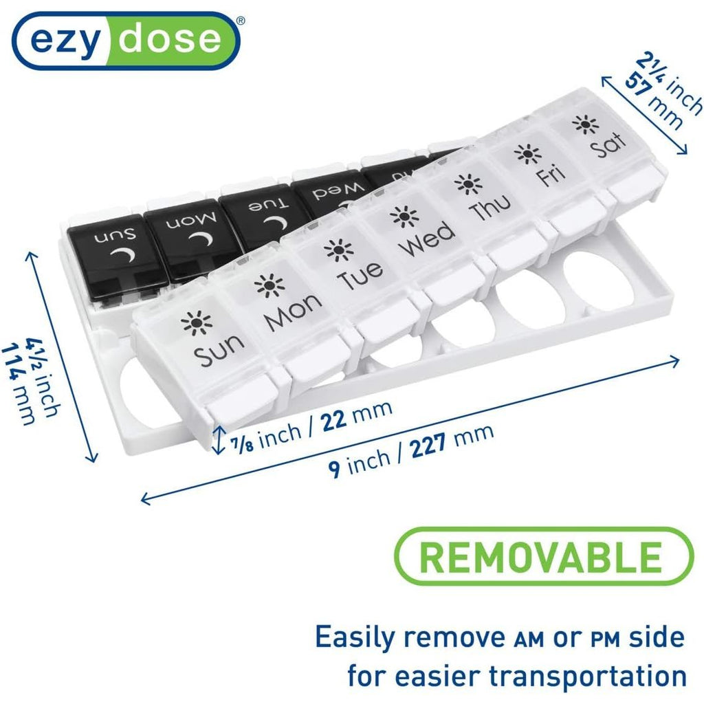Buy now EZY DOSE Push Button (7-Day) Pill Case, Medicine Planner, Vitamin Organizer, 2 Times a Day AM/PM, Removable Trays, Large Compartments, Arthritis Friendly, Spring Open Black and White Lids, BPA Free at indiglob india