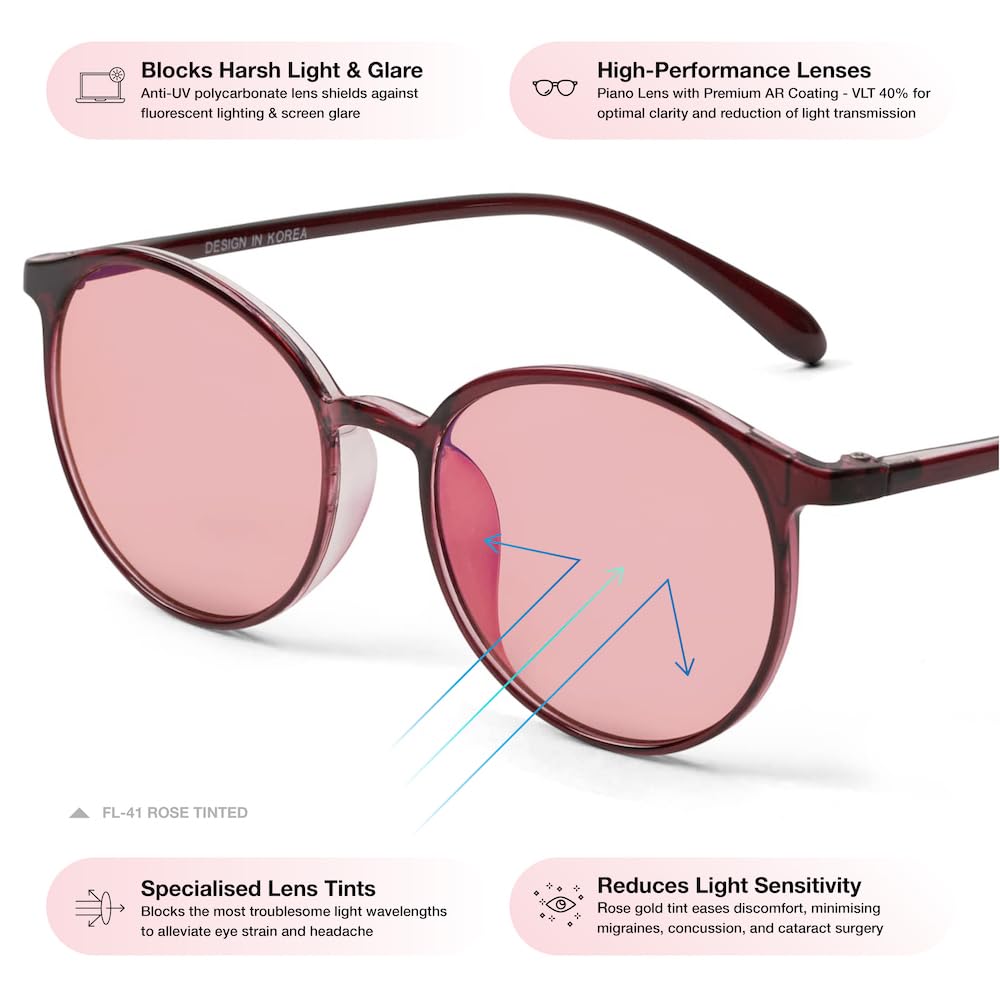 BRADDELL Indoor FL-41 Rose & Outdoor FL-60 Brown Tinted Migraine Light Sensitivity Glasses for Fluorescent LED Glare, Photophobia and Concussion (MEDIUM-SMALL)