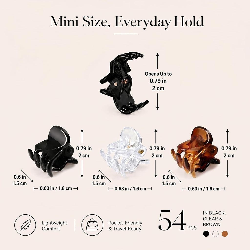 54Pcs Mini Hair Clips for Women, 0.6 in / 1.5 cm Small Claw Clips Without Snagging, Strong Grip Tiny Plastic Hair Clips for Styling Buns, Half-Up Looks, Bangs(Black,Clear,Brown)