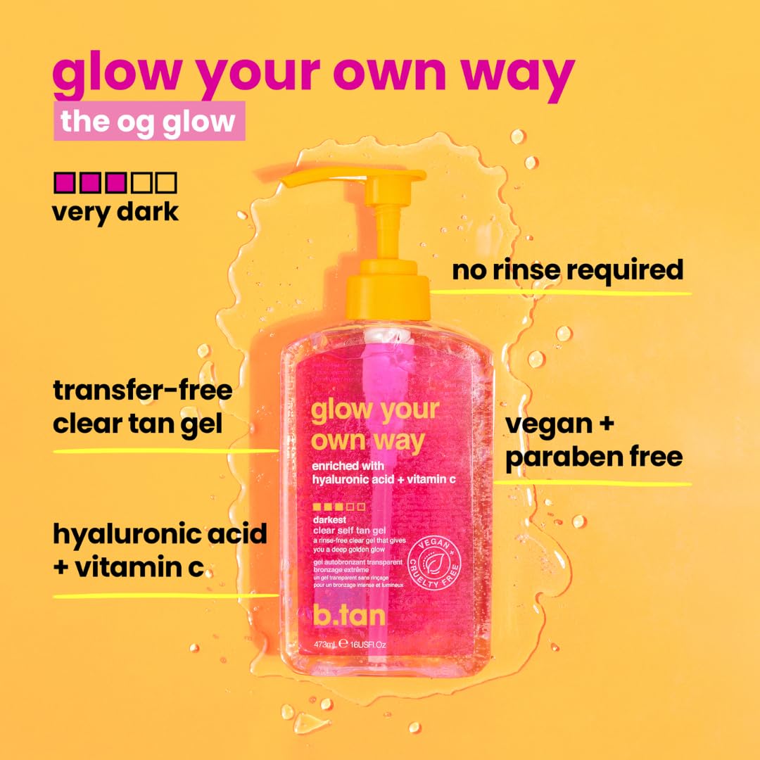 b.tan Dark Clear Self Tan Gel | Glow Your Own Way - Best Transfer Resistant, Ultra Quick Bronze, Gradual Sunless Tanning Lotion, Deep Moisturizer, No Fake Tanner Smell, 16 Fl Oz