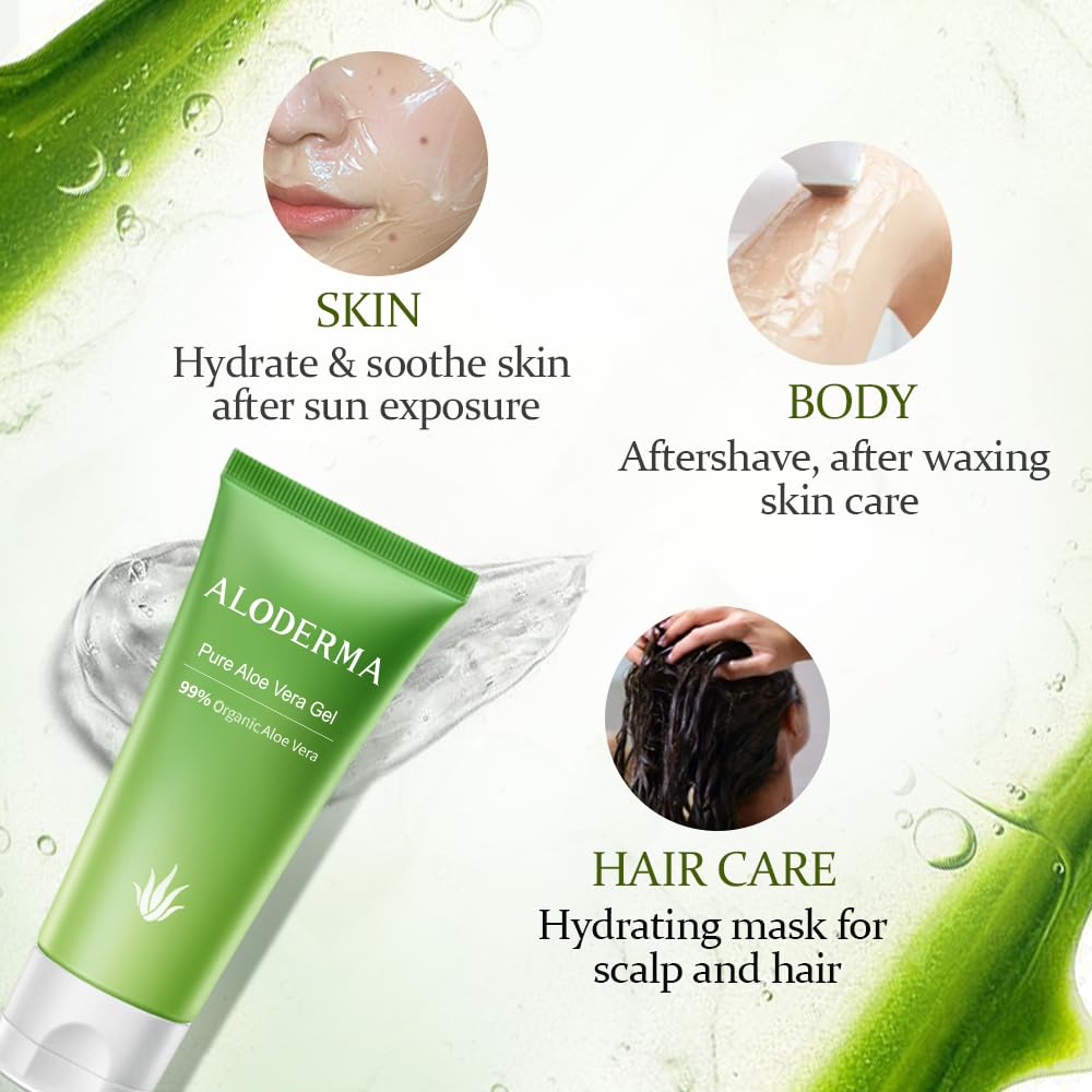 Aloderma Aloe Vera Gel Made within 12 Hours of Harvest with 99% Pure Organic Aloe Vera, Naturally Hydrating for Soothing Skincare, Moisturizing Aloe Gel for Skin, Face, Sensitive Skin - 4oz - 2ct