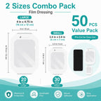 50PCS Transparent Film Dressing, 4" x 4.75" (20 PCS)+2.38" x 2.75" (30 PCS),Waterproof Clear Adhesive Bandages for Wound Care, IV Shield & Tattoo Aftercare