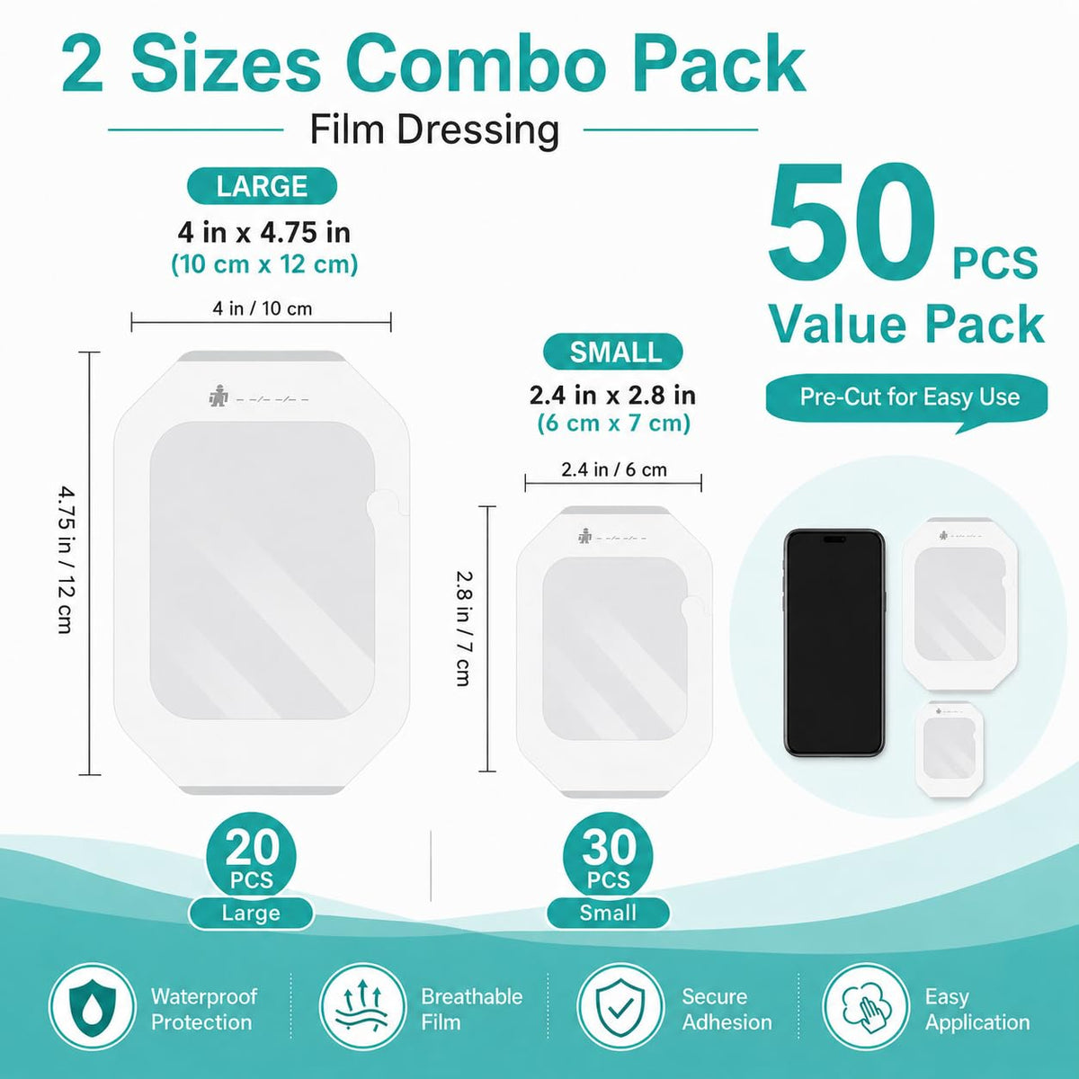 50PCS Transparent Film Dressing, 4" x 4.75" (20 PCS)+2.38" x 2.75" (30 PCS),Waterproof Clear Adhesive Bandages for Wound Care, IV Shield & Tattoo Aftercare