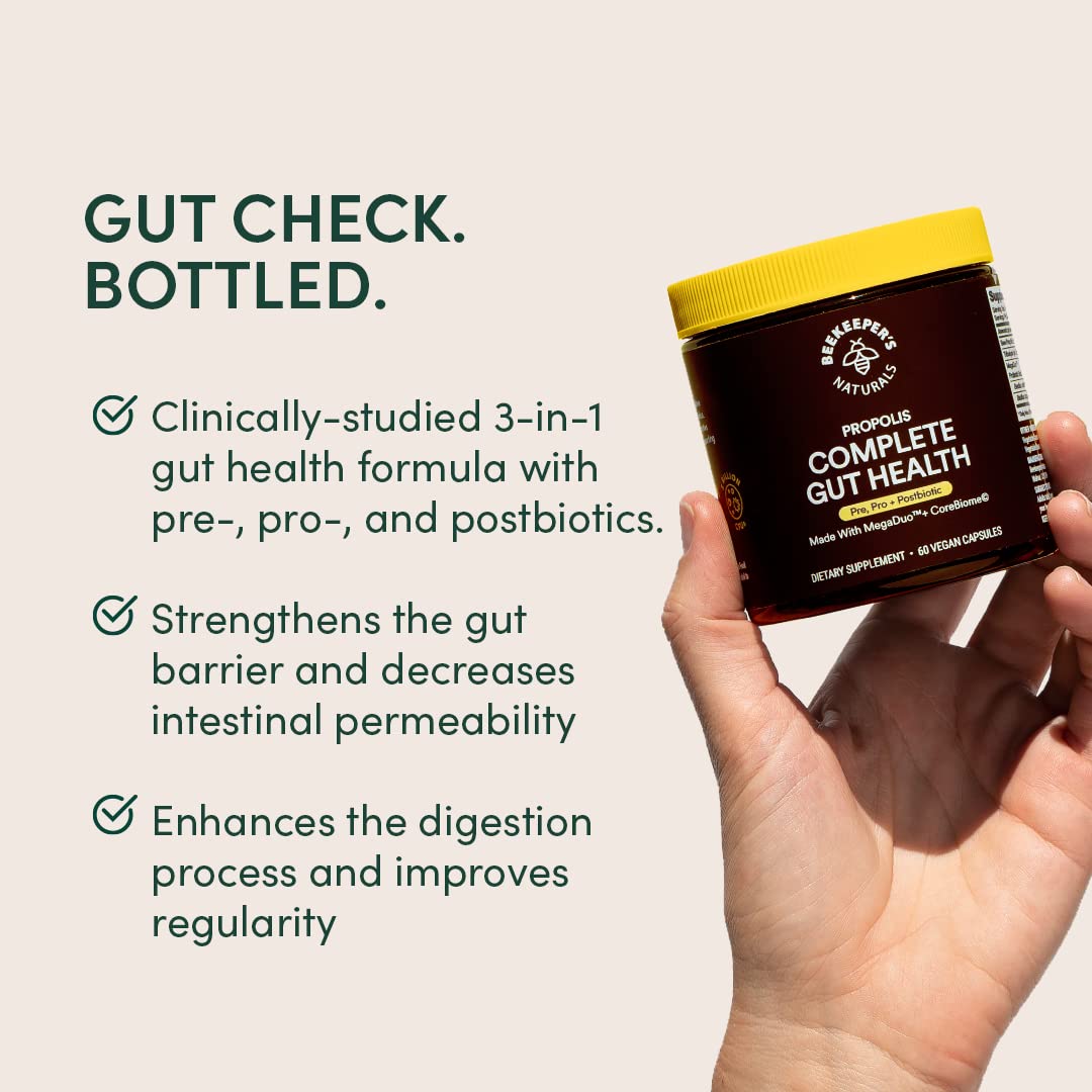 Beekeeper's Naturals Complete Gut Health, 3-in-1 Pre, Post, Probiotics 60ct | 3-in-1 Prebiotic, Postbiotic, Probiotics, Digestive Health & Bloating Relief for Women & Men, Propolis Powered