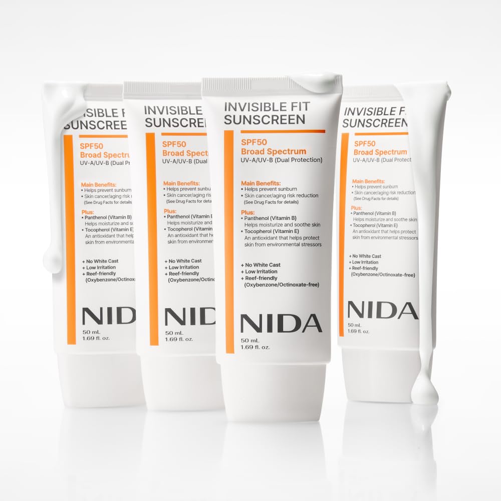 NIDA Invisible Fit Sunscreen SPF 50 Broad Spectrum UV-A/UV-B Protection | No White Cast, Low Irritation, Hydrating Lotion-like Lightweight Glow Sunscreen for All Skin Types | 1.69 fl. oz., 50ml