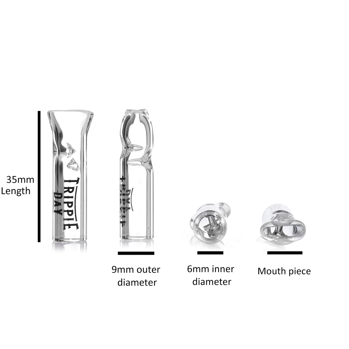 Trippie Day Reusable Glass filter Tips – 10 Pack | Clear 9mm Outer Diameter Tips for Pre rolled Cones, 6mm Inner Diameter, 35mm Length