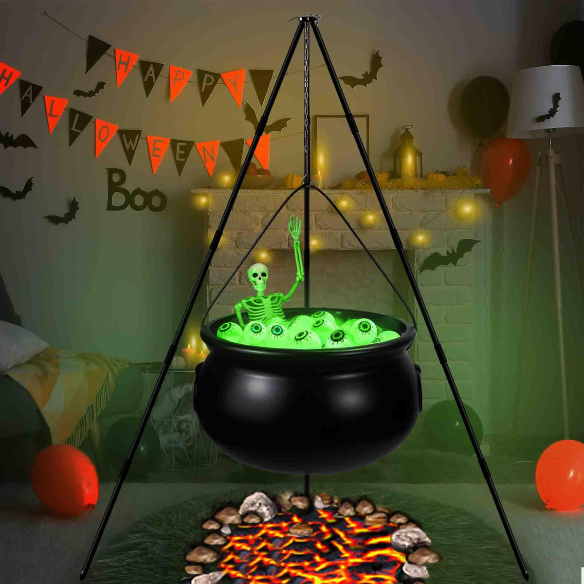 Halloween Outdoor Decorations, Witches Cauldron for Yard Decorations, Witch Decor Indoor, Halloween Witch Cauldron with Tripod with Eyeballs String Lights and Skeleton for Home & Porch Decor