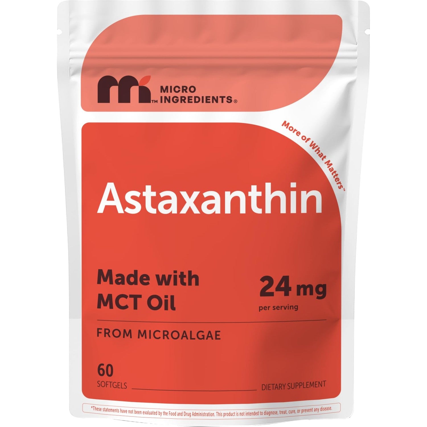 Micro Ingredients Astaxanthin 24mg Per Serving with MCT Oil, 60 Softgels | 2 Month Supply. Natural Microalgae Sourced Astaxanthin Supplement. Easy-to-Swallow. Non-GMO, Gluten Free, Soy Free.