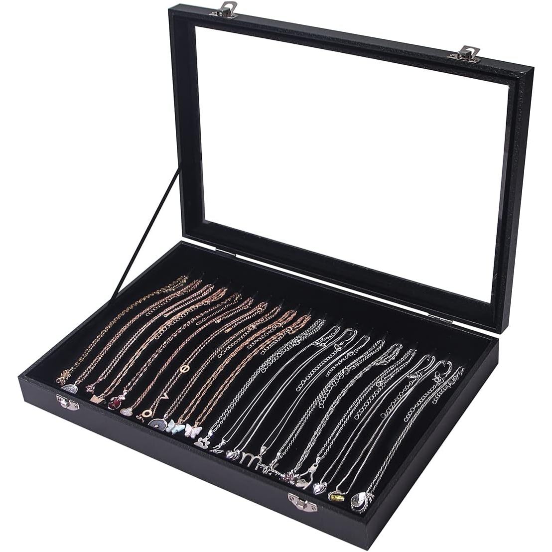 Buy now ByKen 20 Hooks Necklace Organizer Box/Tray, Chains Showcase Storage Boxes for Girls,Stackable (Black Velvet) at indiglob india
